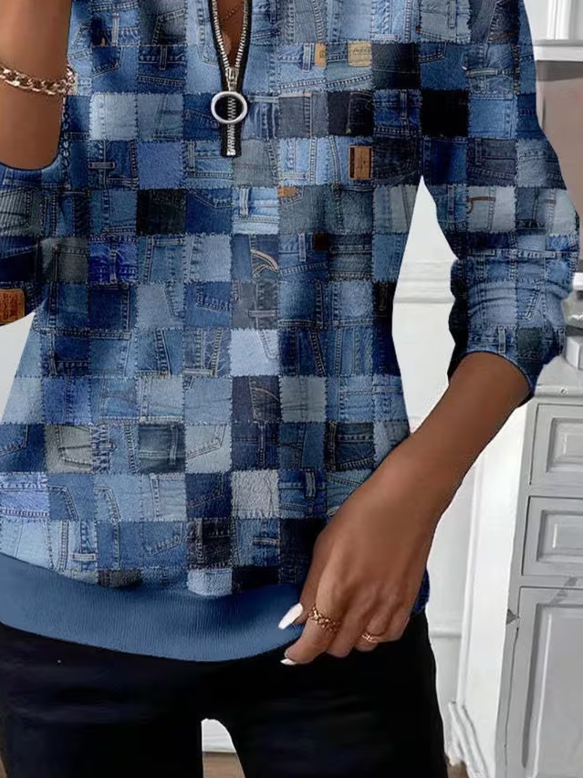 Women's Abstract Print Casual Zipper Long Sleeve Sweatshirt