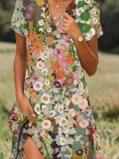 Elegant Floral Shawl Collar Loose Shirt Dress With No