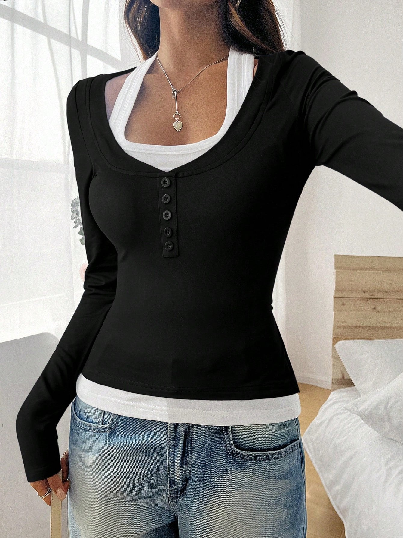 Square Neck Cotton Casual T-Shirt