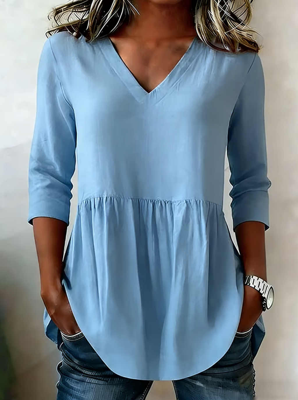 Women's V-Neck Long-Sleeve Shirt with Side Pockets