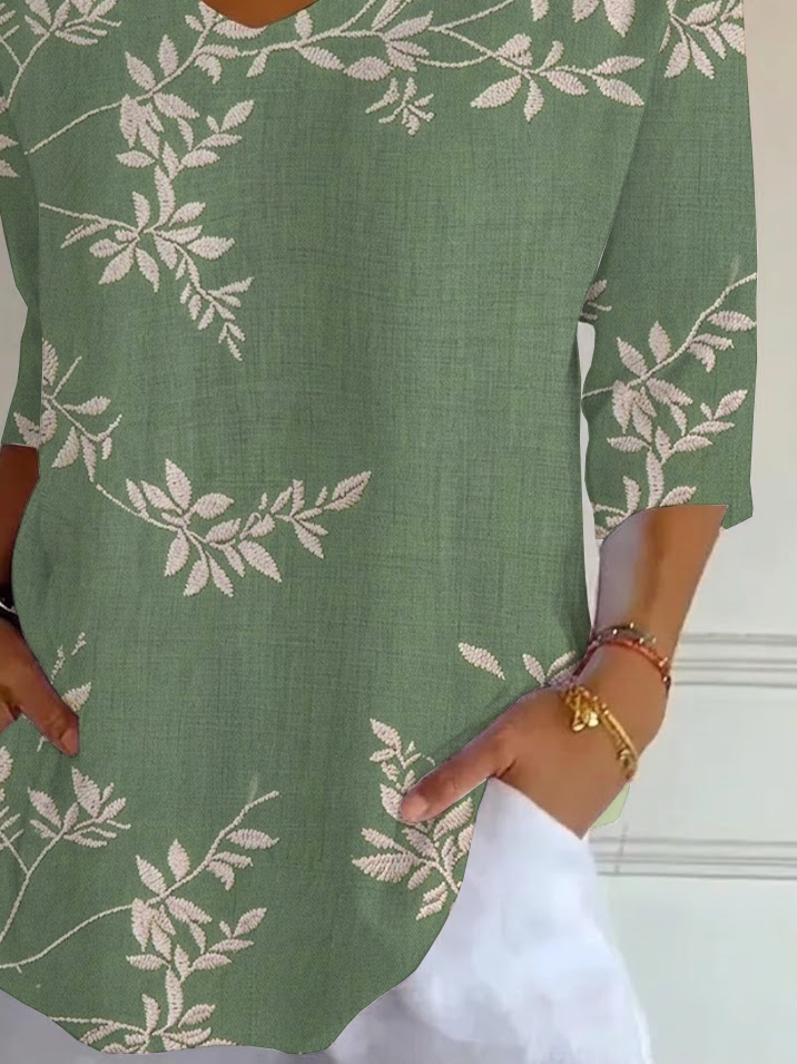Women's Three Quarter Sleeve T-shirt Spring/Fall Green Plants Printing V Neck Daily Going Out Casual Top