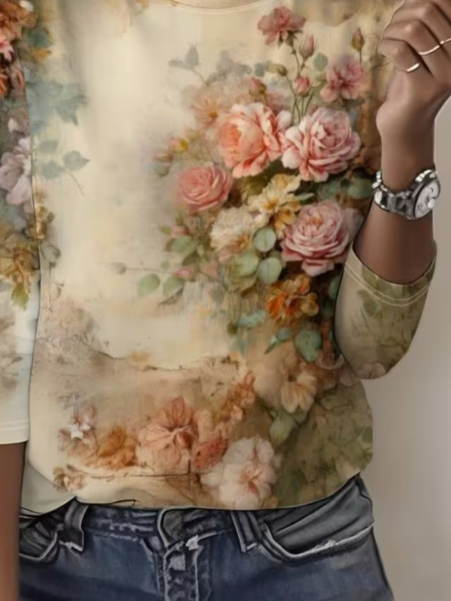 Women's Long Sleeve T-shirt Spring/Fall As Picture Floral Printing Jersey Crew Neck Daily Going Out Casual Top