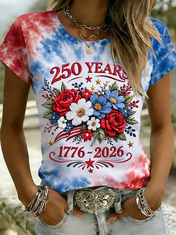 Cotton Crew Neck Text Letters Casual T-Shirt