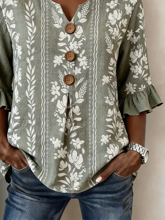 Women's Half Sleeve Blouse Summer Green Floral Printing V Neck Daily Going Out Vintage Top