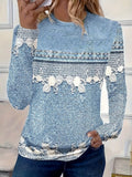 Women's Long Sleeve T-shirt Spring/Fall Blue Faux Denim Print Graphic Printing Jersey Crew Neck Daily Going Out Casual Top
