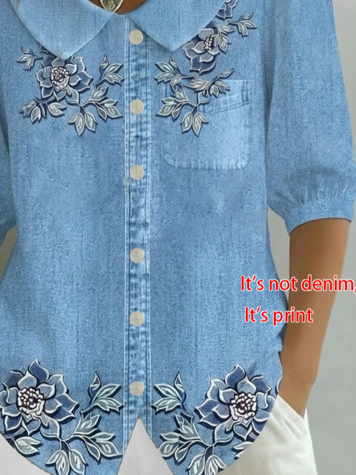 Women's Half Sleeve Shirt Summer Blue Floral Printing Shawl Collar Daily Going Out Casual Top