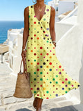 Linen Look Colorful Polka Dots V Neck Sleeveless Button Summer Vacation Casual Maxi Dress