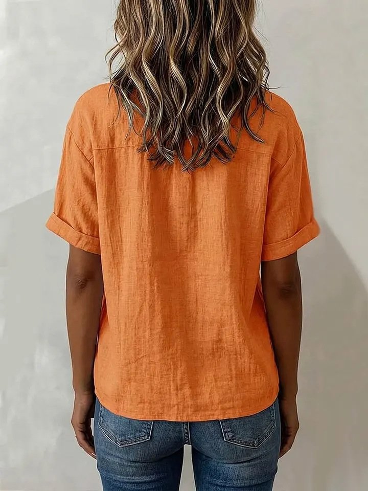 Women's Button-Down Shirt â€?3/4-Sleeve V-Neck Cotton-Linen Top | Stylish Buttoned Casual Shirt