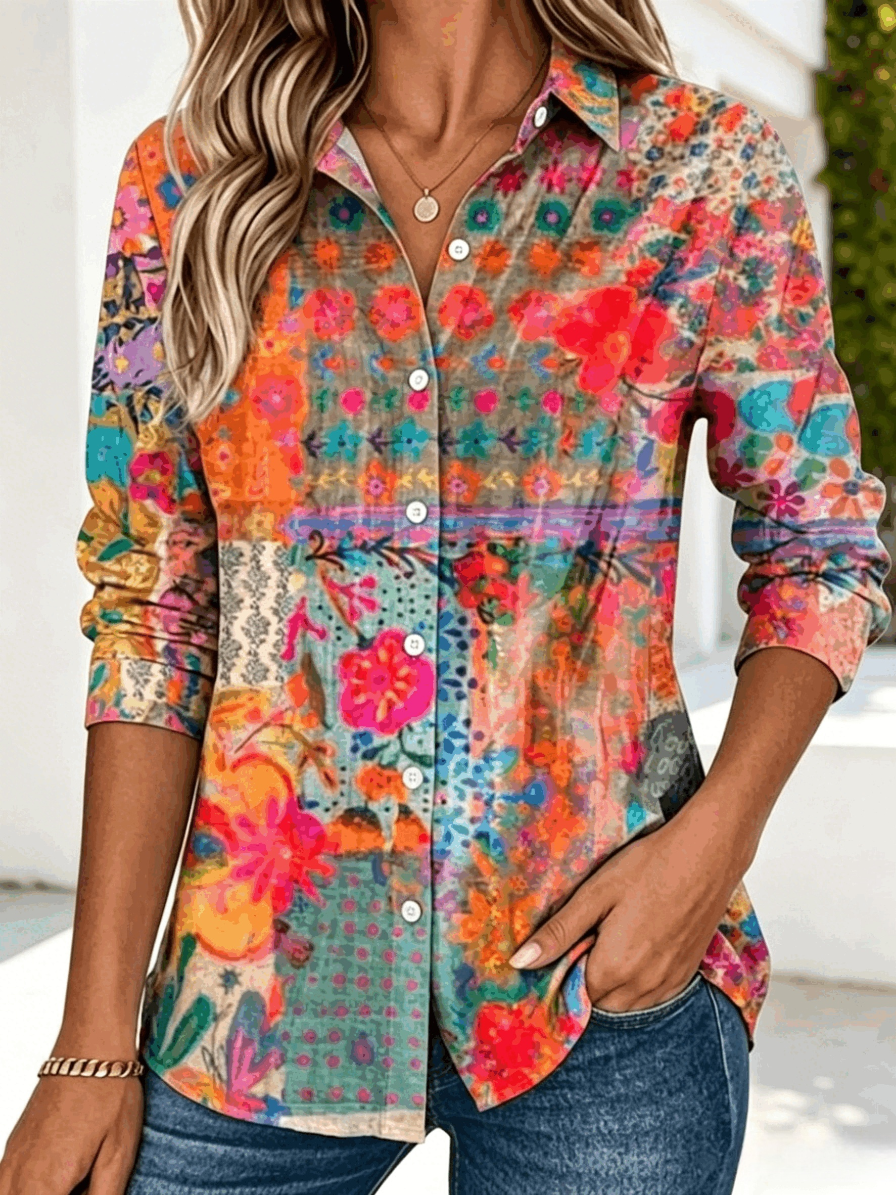 Vintage Floral Buttoned Shirt Collar Shirt