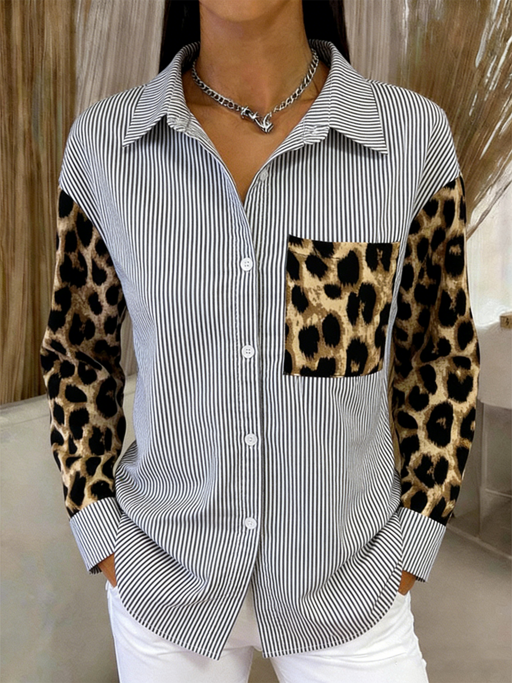 Shawl Collar Striped Loose Street Shirt