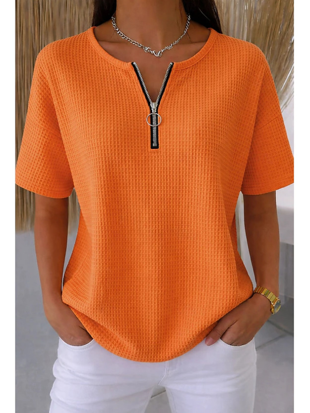 Waffle t-Shirt Casual Zipper Short Sleeve Casual Top