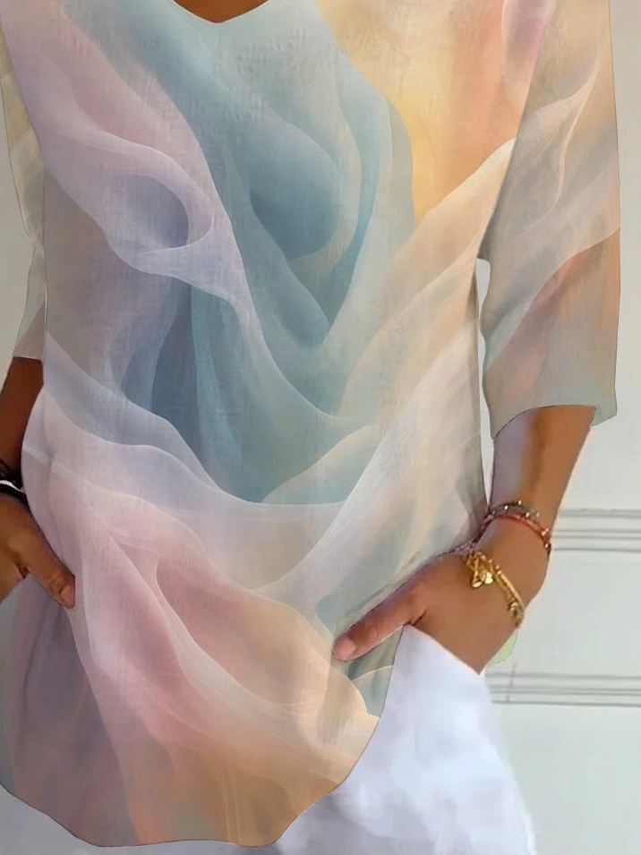 Women's Three Quarter Sleeve T-shirt Spring/Fall As Picture Abstract Printing V Neck Daily Going Out Casual Top