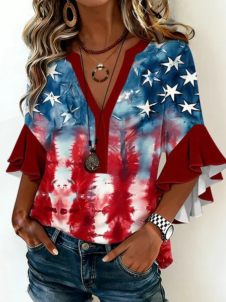 Women's V-Neck Multi-Layered Lace Design Shirt