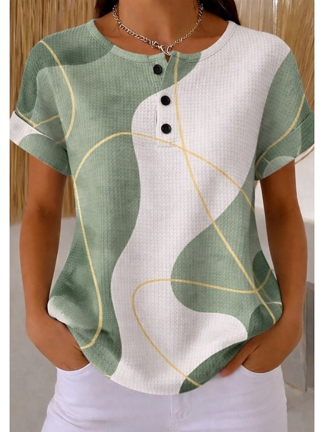 Women's Abstract Geometric Print Waffle Knit Henley Short Sleeve T-Shirt