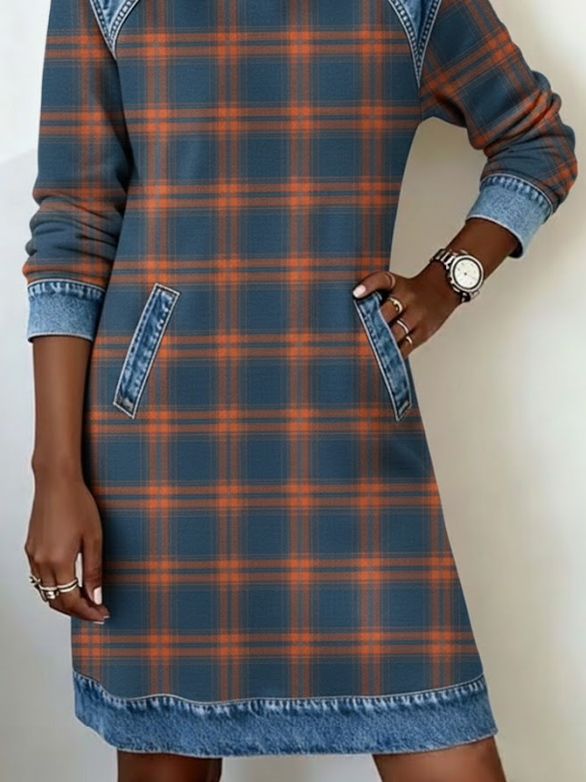 Women's Plaid Print Patchwork Denim Casual Dress