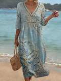Cotton Blend Abstract Floral Printed V Neck Short Sleeve Lace Summer Going Out Elegant Casual Dress