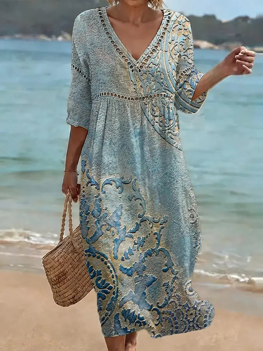 Cotton Blend Abstract Floral Printed V Neck Short Sleeve Lace Summer Going Out Elegant Casual Dress
