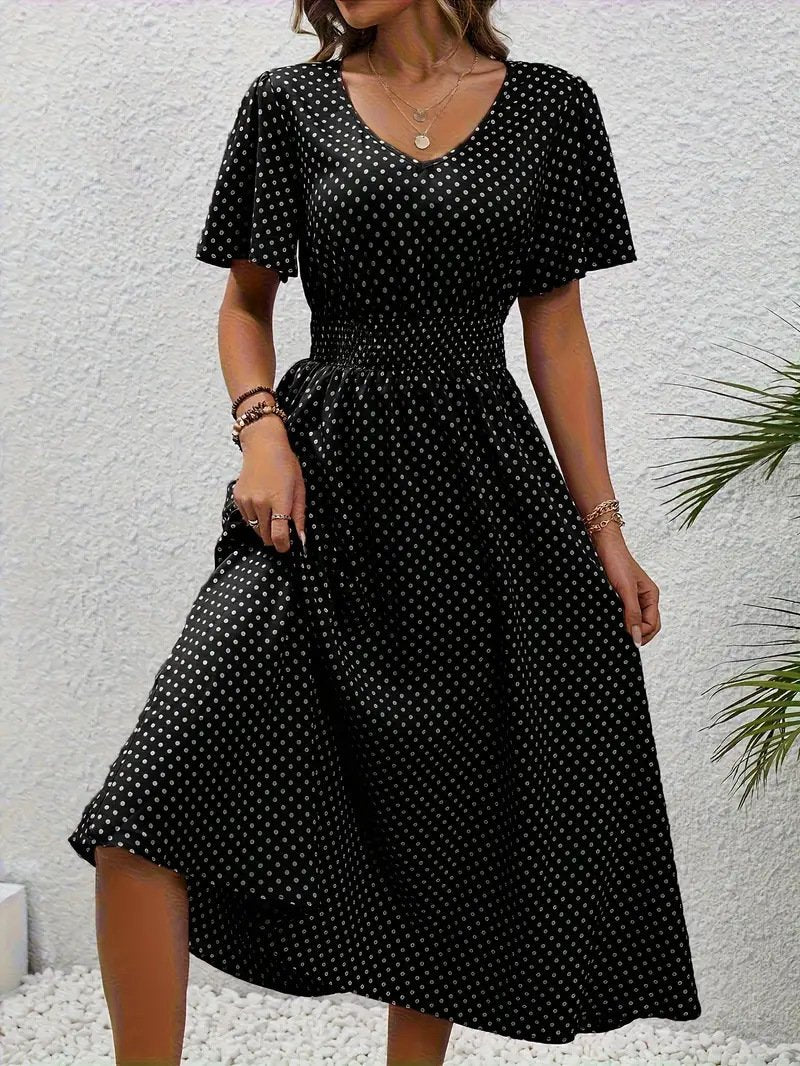 Women's Short Sleeve Summer Blue Polka Dots Split Joint V Neck Daily Going Out Casual Maxi A-Line Tank Dress