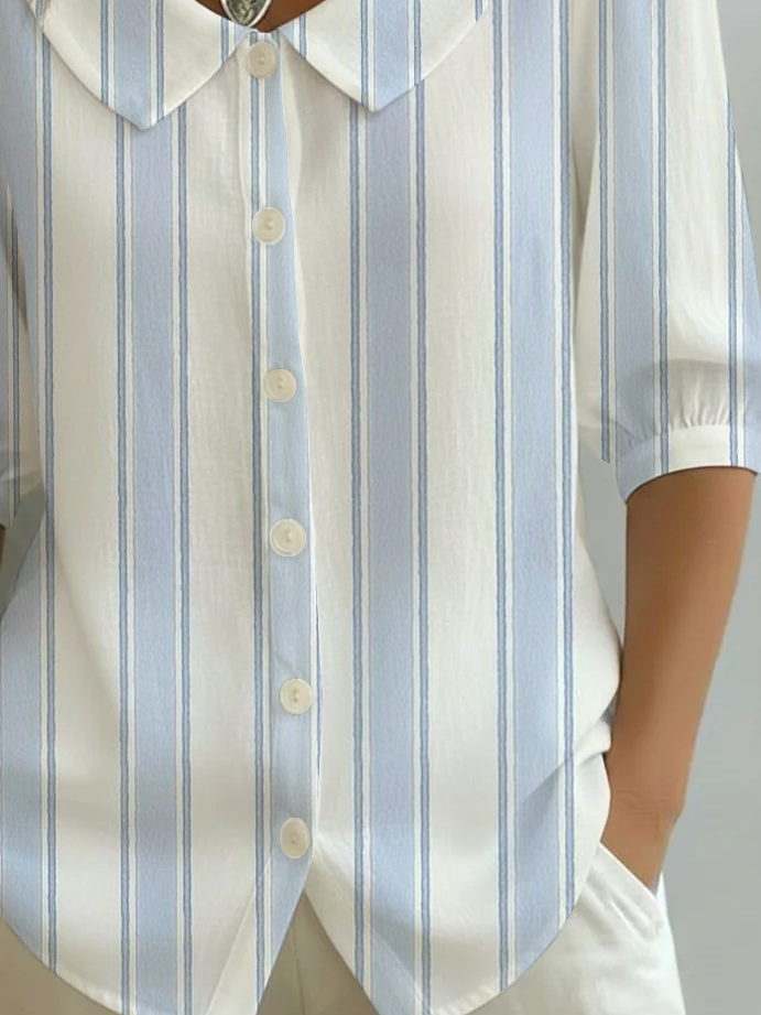 Women's Half Sleeve Shirt Summer Blue Striped Printing Shawl Collar Daily Going Out Casual Top