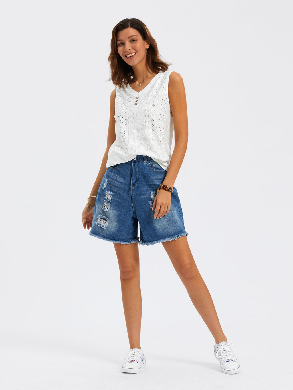 Loose V Neck Casual Buttoned Eyelet Embroidery Front Tank Top