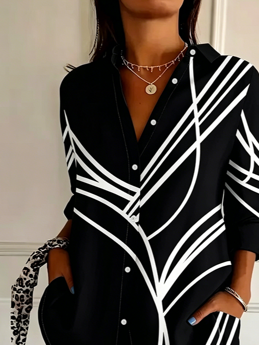 Women's Long Sleeve Shirt Spring/Fall Black Abstract Buckle Shirt Collar Regular Sleeve Daily Going Out Casual Top