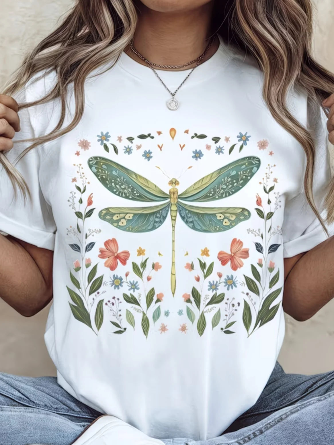Women's Short Sleeve T-shirt Summer White Dragonfly Printing Jersey Crew Neck Daily Going Out Casual Top