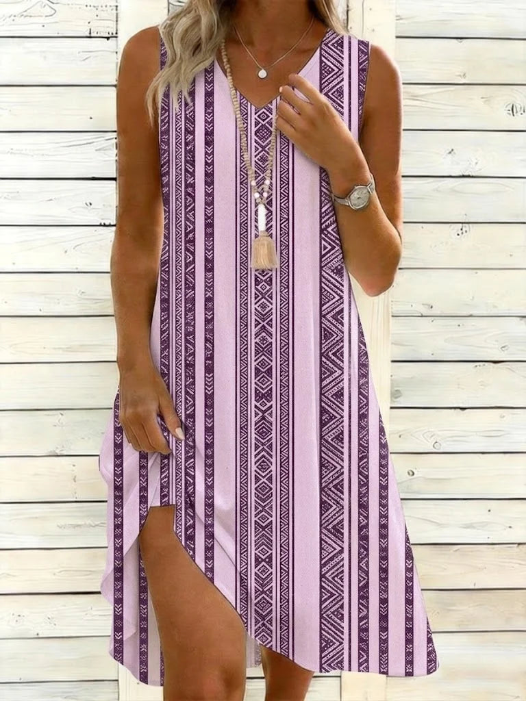 Striped Casual V Neck Loose Dress With No