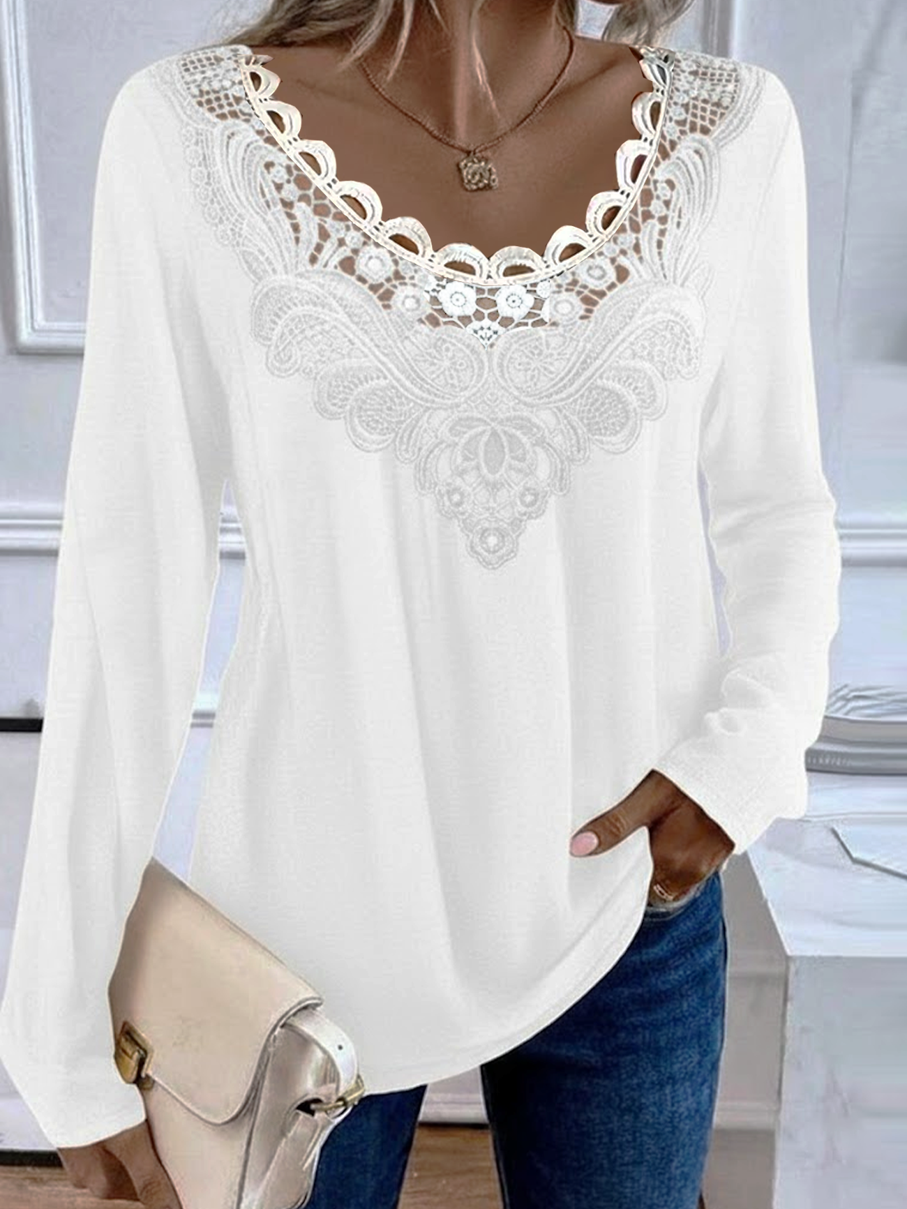 Women's Long Sleeve T-shirt Spring/Fall White Plain Printing Crew Neck Daily Going Out Casual Top