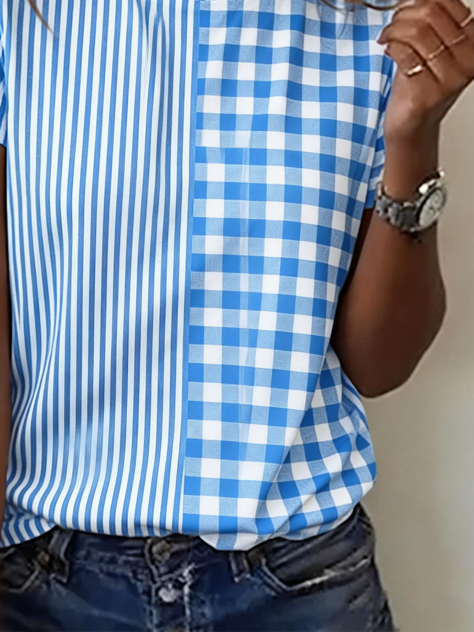 Crew Neck Casual Plaid Cotton T-Shirt