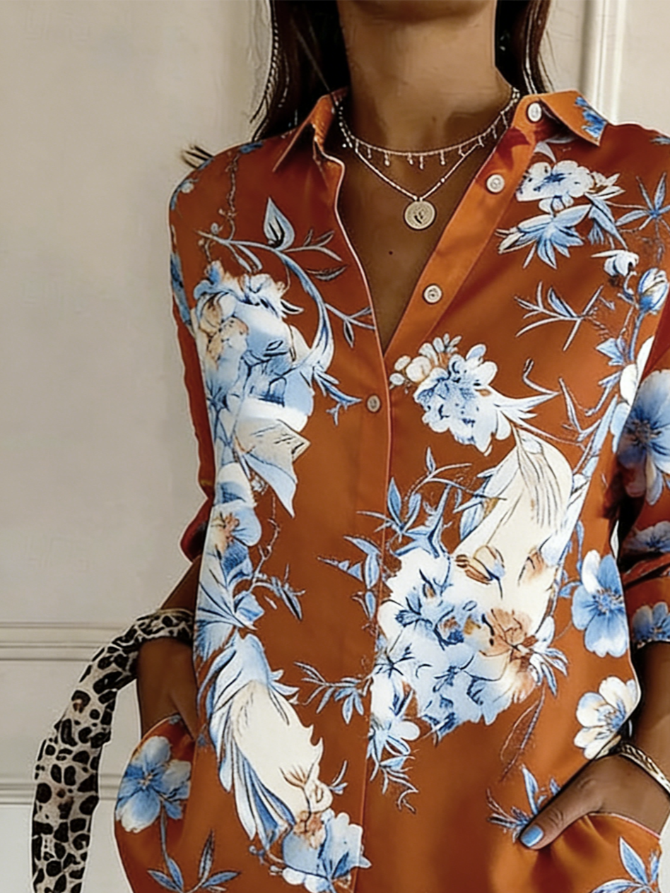Vintage Loose Floral Shirt Collar Shirt