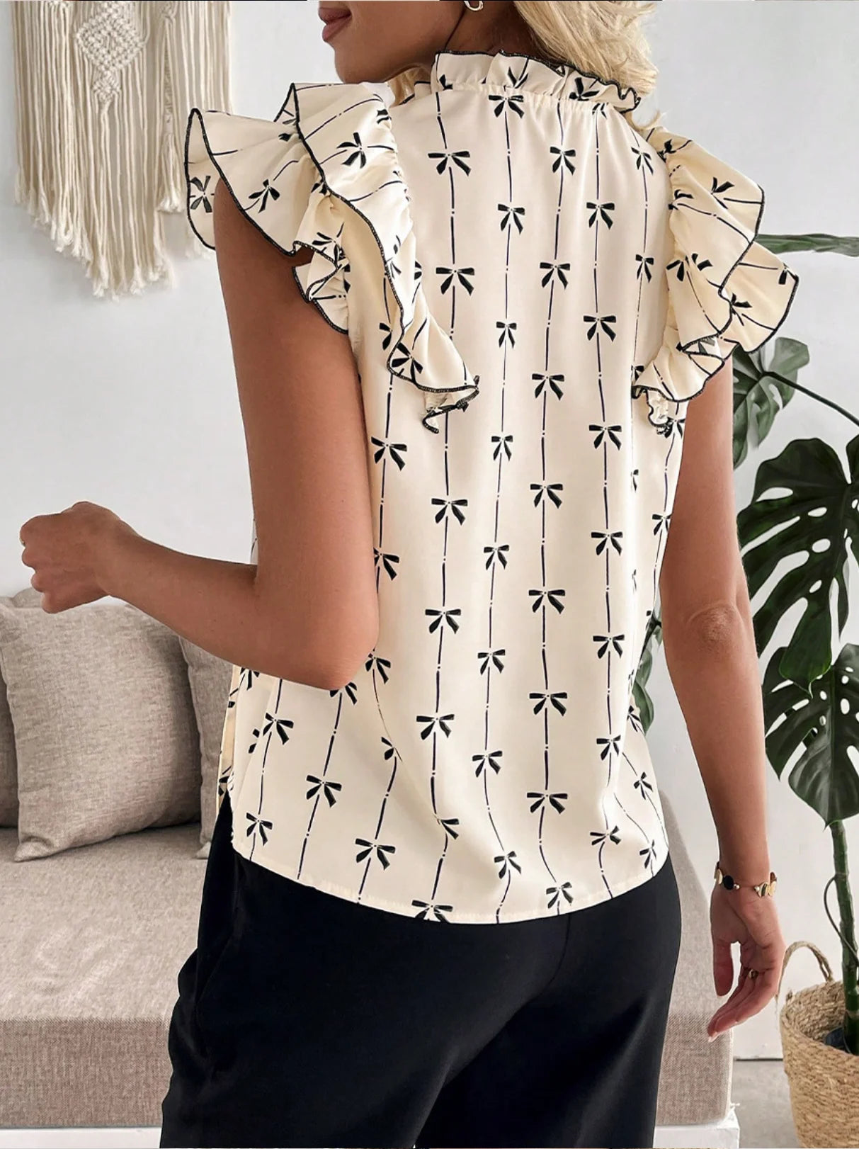 Elegant Bow Print Ruffle Drawstring Regular Fit 3D Printing Crew Neck Going Out Casual Blouse