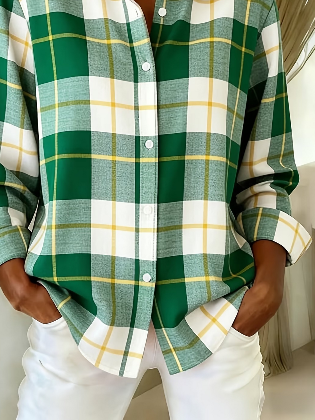 Women's Long Sleeve Shirt Spring/Fall Green Plaid Buckle Shirt Collar Regular Sleeve Daily Going Out Casual Top