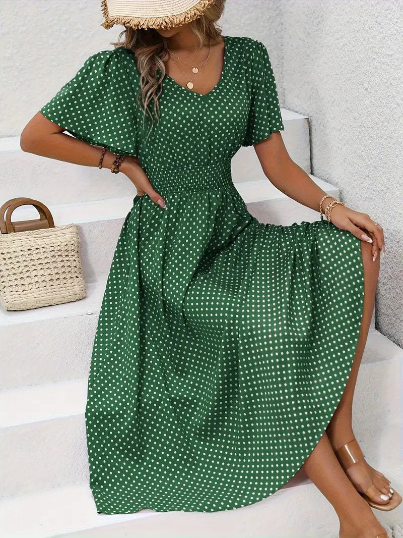 Women's Short Sleeve Summer Blue Polka Dots Split Joint V Neck Daily Going Out Casual Maxi A-Line Tank Dress