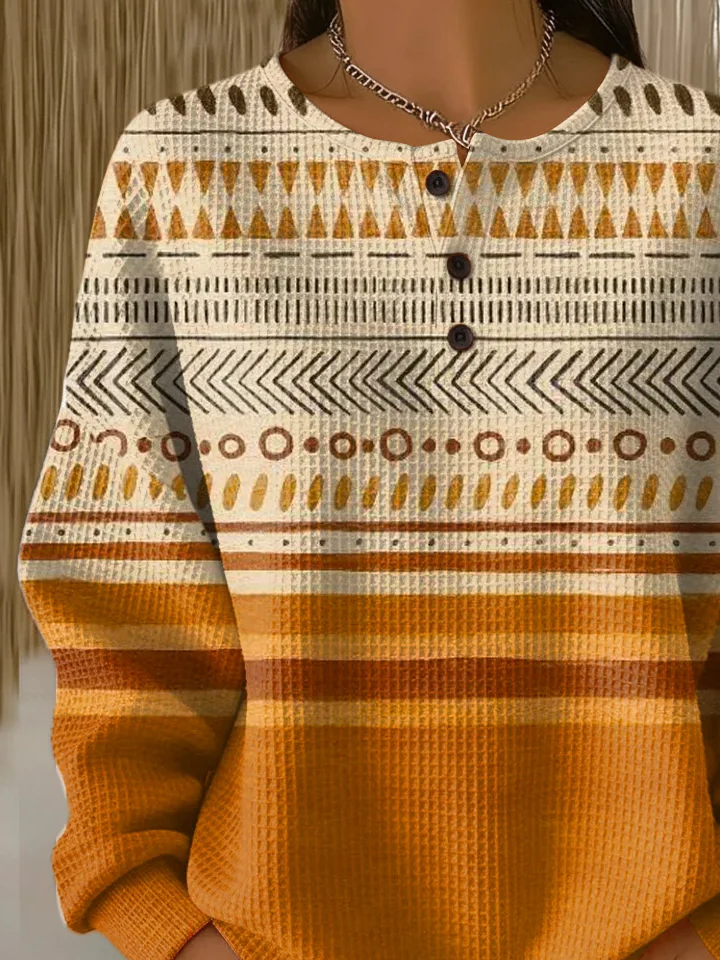 Women's Abstract Print Button-Up Casual Waffle Knit Sweatshirt