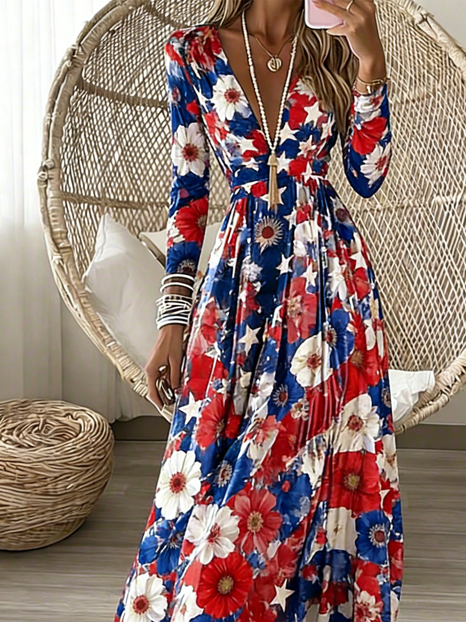 Casual Floral V Neck Dress With No