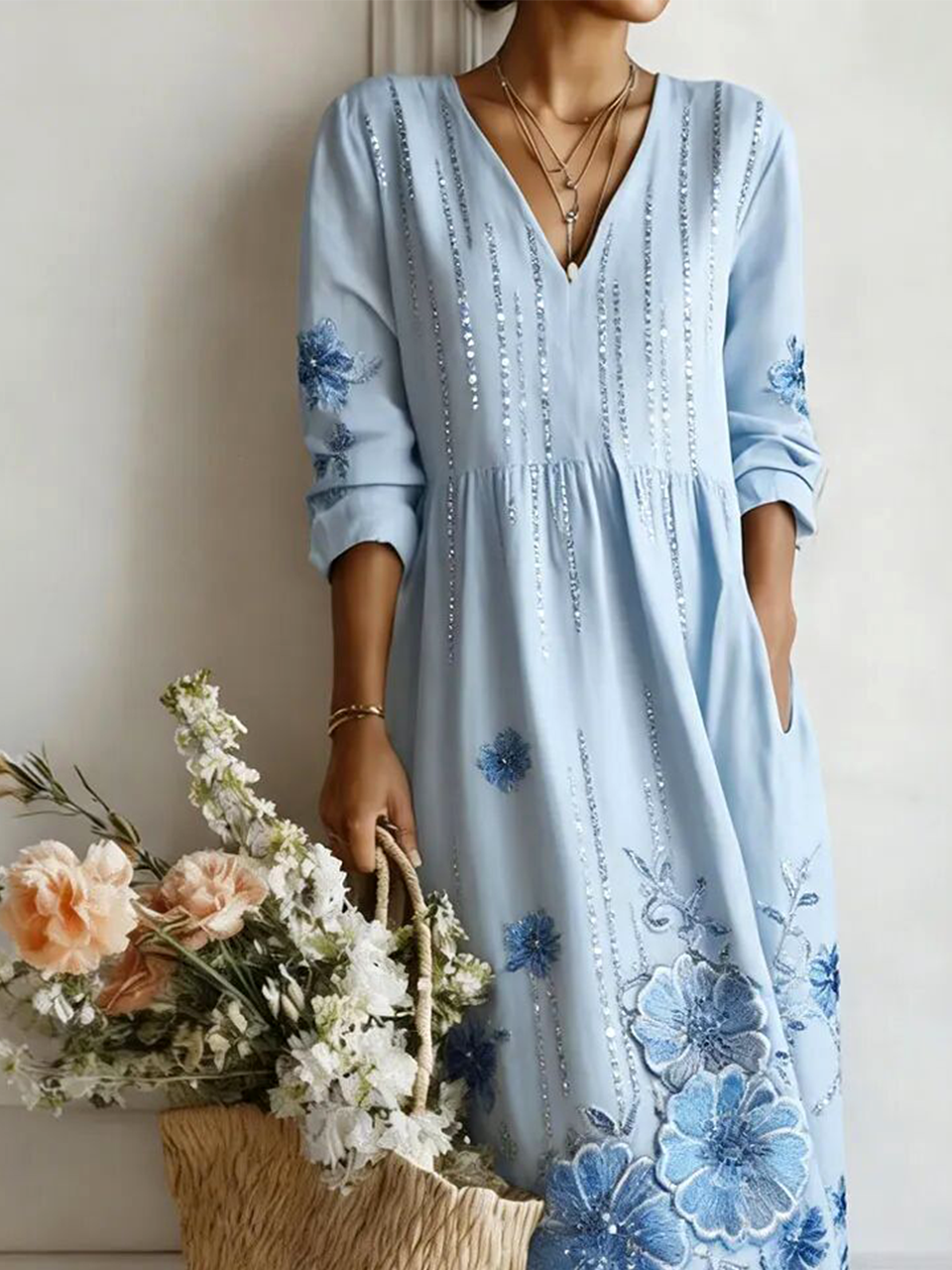 V Neck 3D Printing Loose Elegant Dress With No