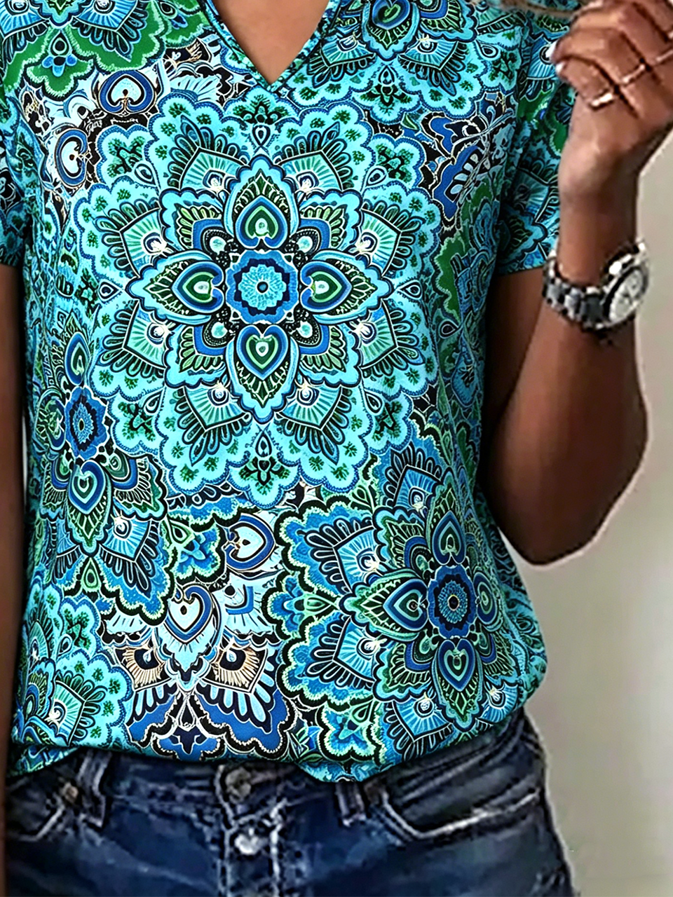 Elegant Loose Ethnic Geometry T-Shirt