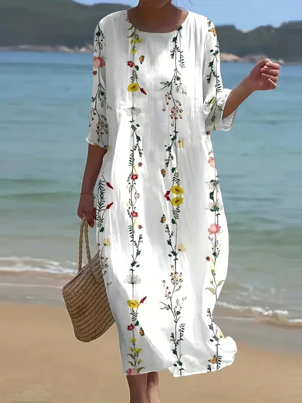 Women Floral Crew Neck Short Sleeve Comfy Casual Maxi Dress