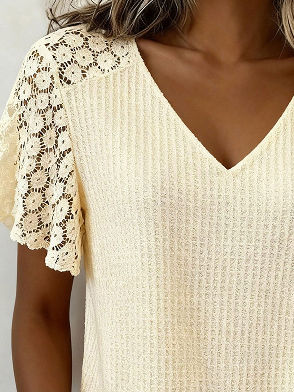 Lace Patchwork Loose Short Sleeve V Neck Summer Going Out Casual T-Shirt
