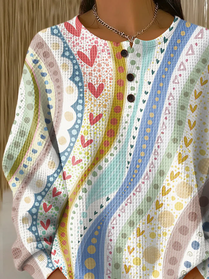 Women's Love Print Button-Up Casual Waffle Knit Sweatshirt