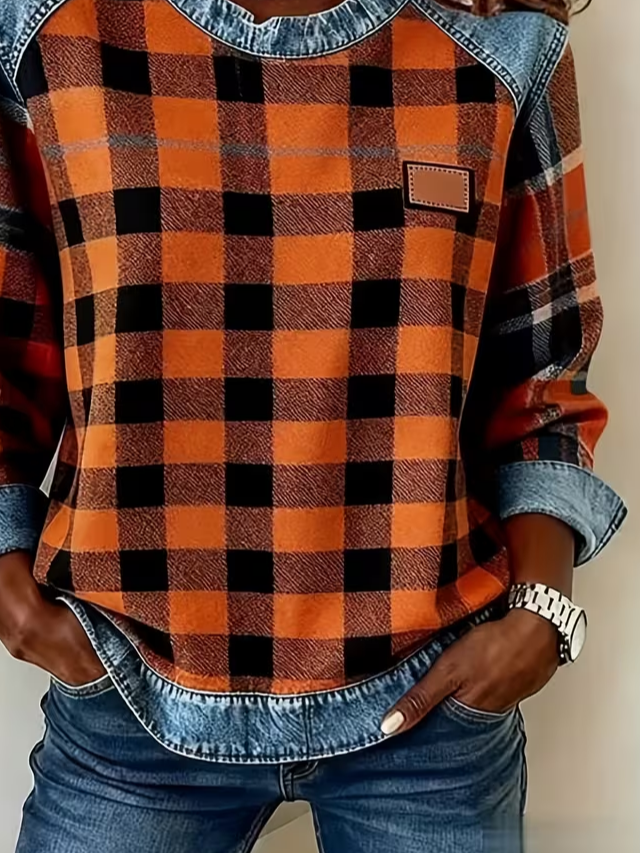 Women's Plaid Print Patchwork Denim Crewneck Long-Sleeved Sweatshirt