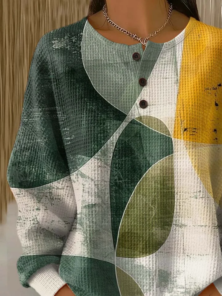 Women's Abstract Print Button-Up Casual Waffle Knit Sweatshirt