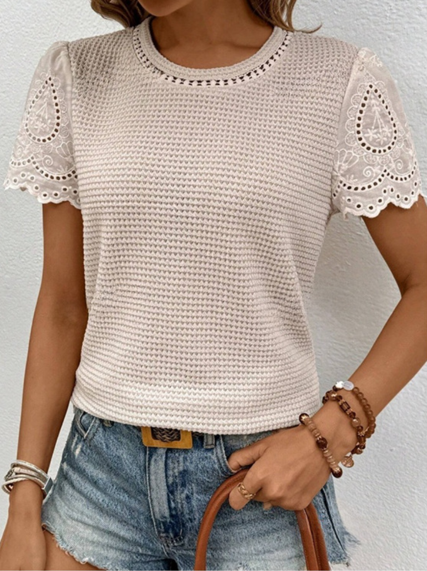 Women Lace Crew Neck Short Sleeve Summer Going Out Casual T-Shirt