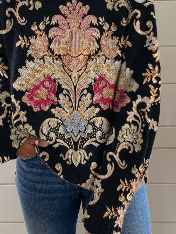 Women Casual Ethnic Polyester Micro-Elasticity Loose Turtleneck Sweatshirt