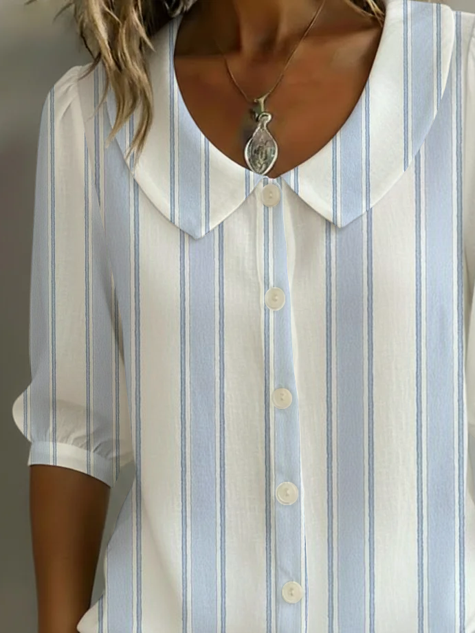 Women's Half Sleeve Shirt Summer Blue Striped Printing Shawl Collar Daily Going Out Casual Top