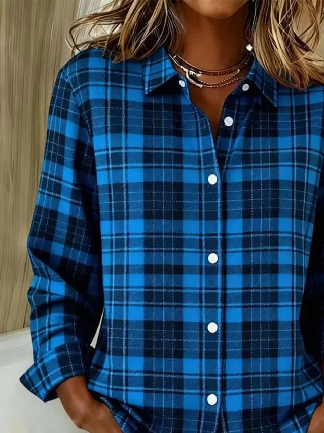 Women's Long Sleeve Shirt Spring/Fall Blue Plaid Buckle Shirt Collar Regular Sleeve Daily Going Out Casual Top