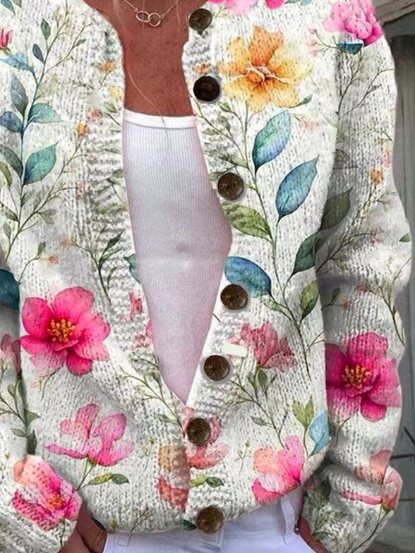 Women's Floral Print Cardigan White Multicolor Flower Print Long Sleeve Button Down Knit Jacket