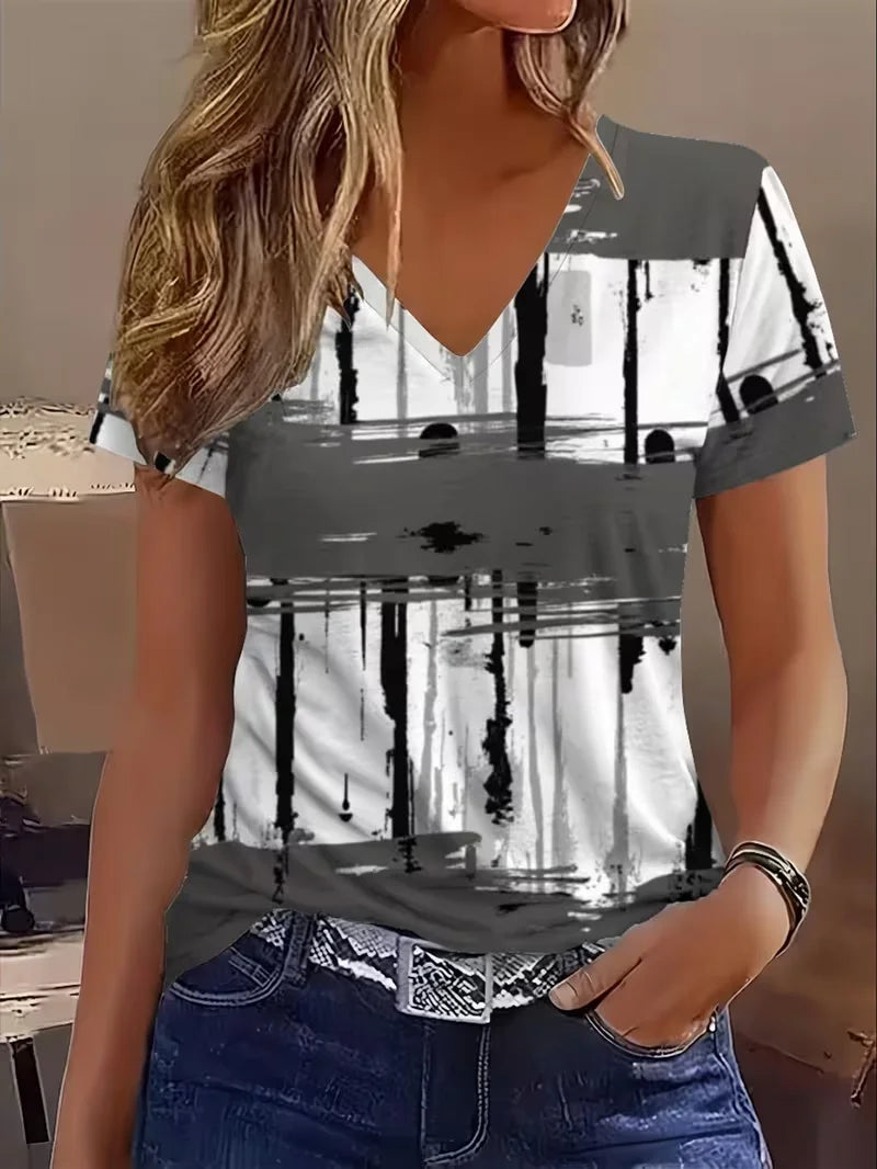 Women's Short Sleeve T-shirt Summer Gray Abstract Printing V Neck Holiday Going Out Vintage Top