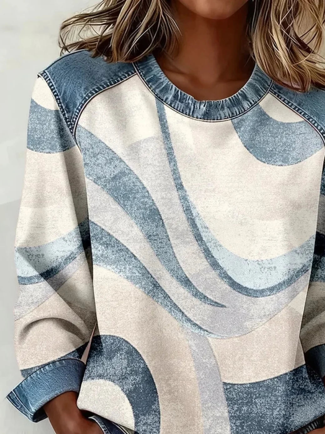 Women's Abstract Stripes Print Patchwork Denim Crewneck Long-Sleeved Sweatshirt
