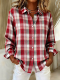 Women's Long Sleeve Shirt Spring/Fall Red Plaid Buckle Shirt Collar Regular Sleeve Daily Going Out Casual Top